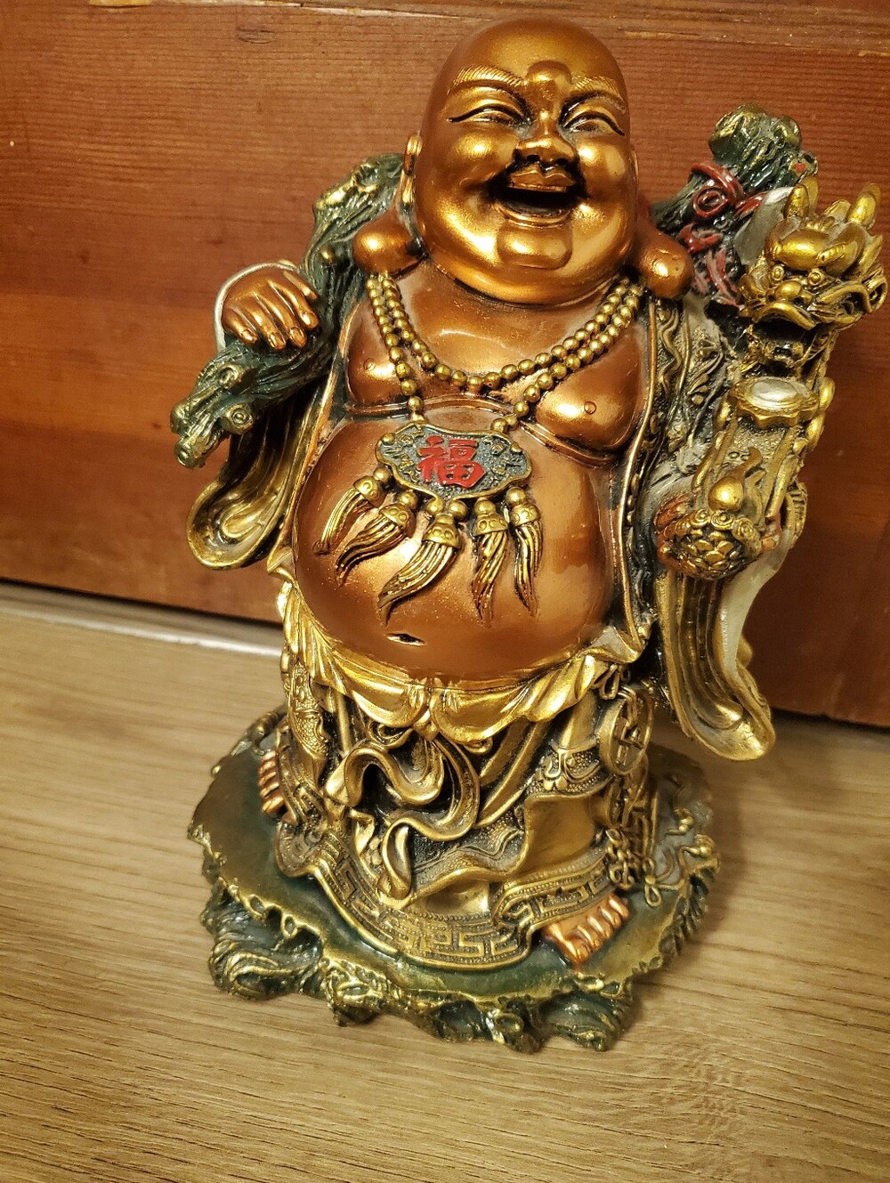 Lucky 9.5" Heavy Cold Cast Resin Laughing Buddha Statue Bronze  Hotei 2.3kg